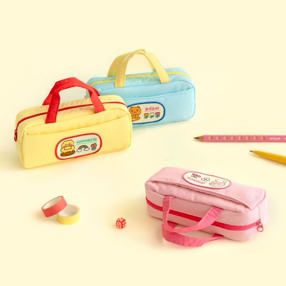 Kakao Friends Say Cheese Handle Pencil Case (Choonsik/Ryan/Apeach) | Large Capacity 50 Pens | Front Pocket/Padding Protection | Designed in Korea